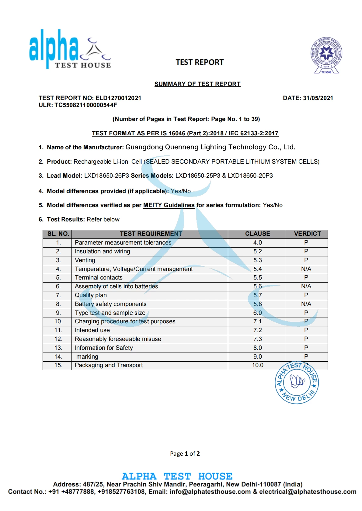 alpha Test Report LXD18650-26P3