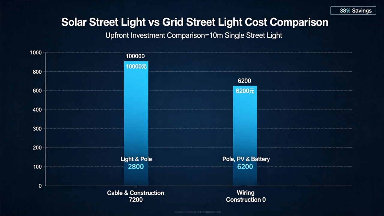 Comparison chart of solar street light versus grid street light total cost over 10 years