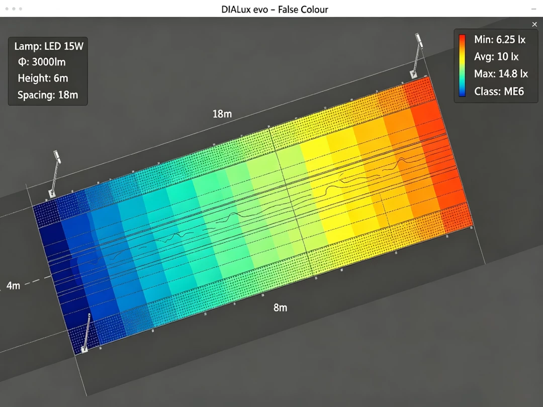 DIALux lighting simulation for solar street light road illumination planning