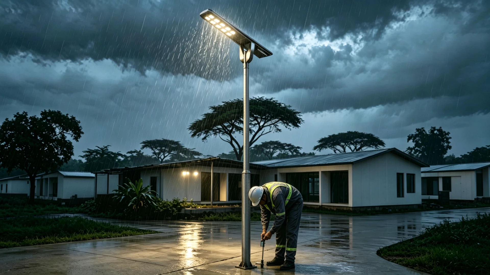 Engineers inspecting roadway conditions before solar street light installation