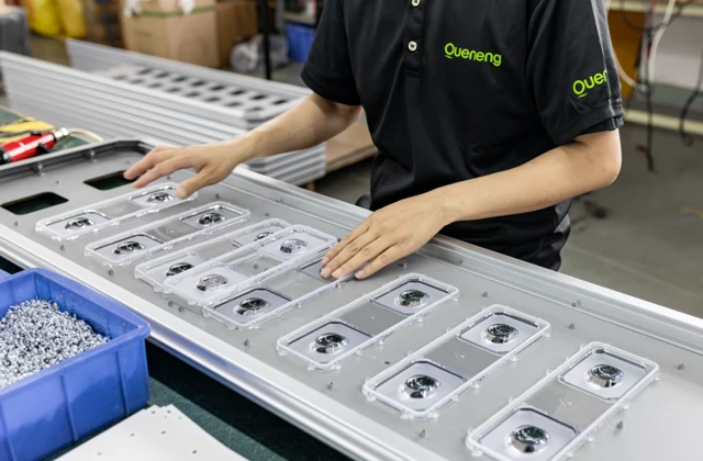 Factory worker installing optical lenses on LED panels for high-power solar street lights