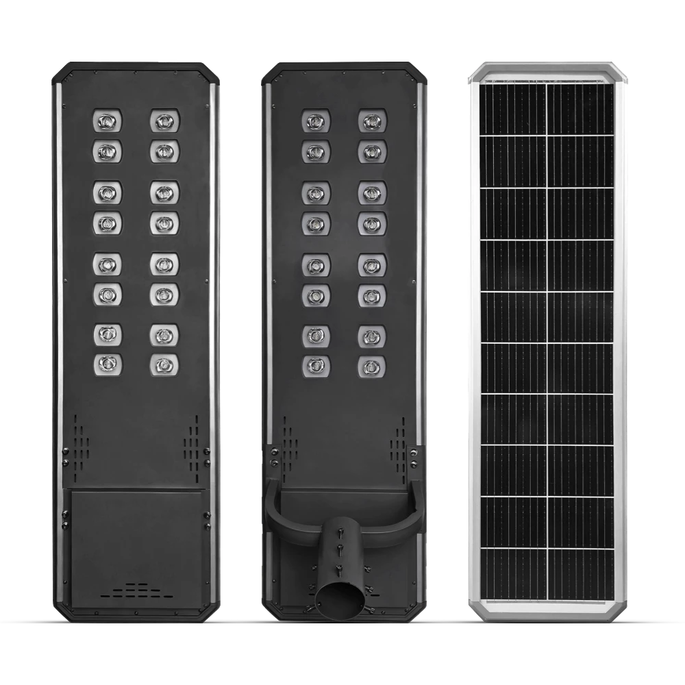 Front view of all in one solar street light with integrated solar panel