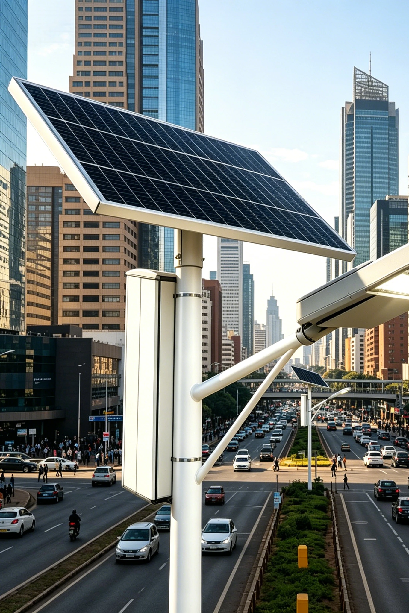 Solar street lighting infrastructure project with integrated LED solar street lights installed on roadway