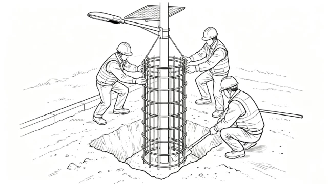 steel rebar cage installation for solar street light pole foundation construction