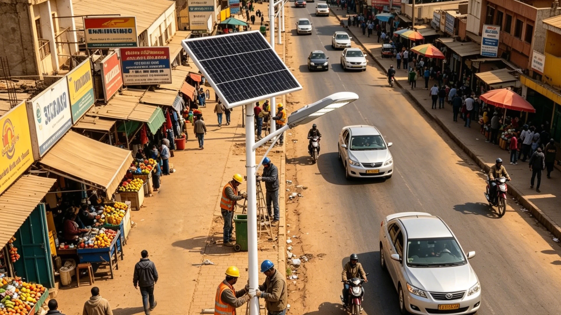 Solar street light installed on roadway in tropical outdoor environment