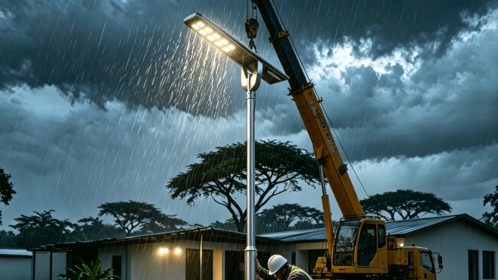 Solar street light pole installation using crane equipment in Sierra Leone