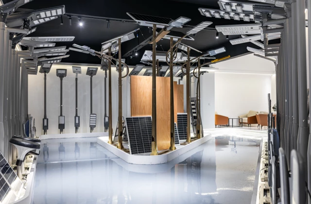 Solar street light showroom displaying commercial and municipal lighting solutions
