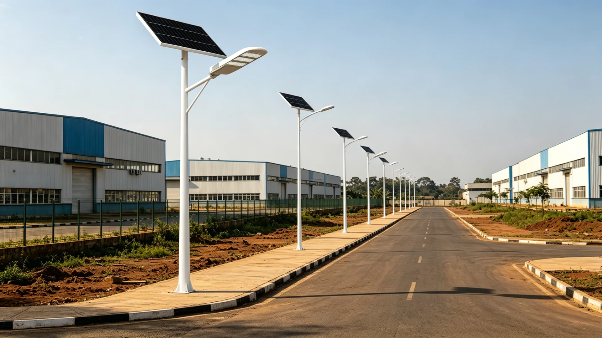 Solar street lighting infrastructure project with integrated LED solar street lights installed on roadway in Uganda
